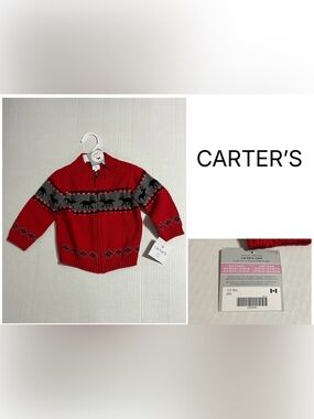CARTER’S - 9M - NWT - INFANT BOYS RED BLACK REINDEER KNIT CARDIGAN SWEATER